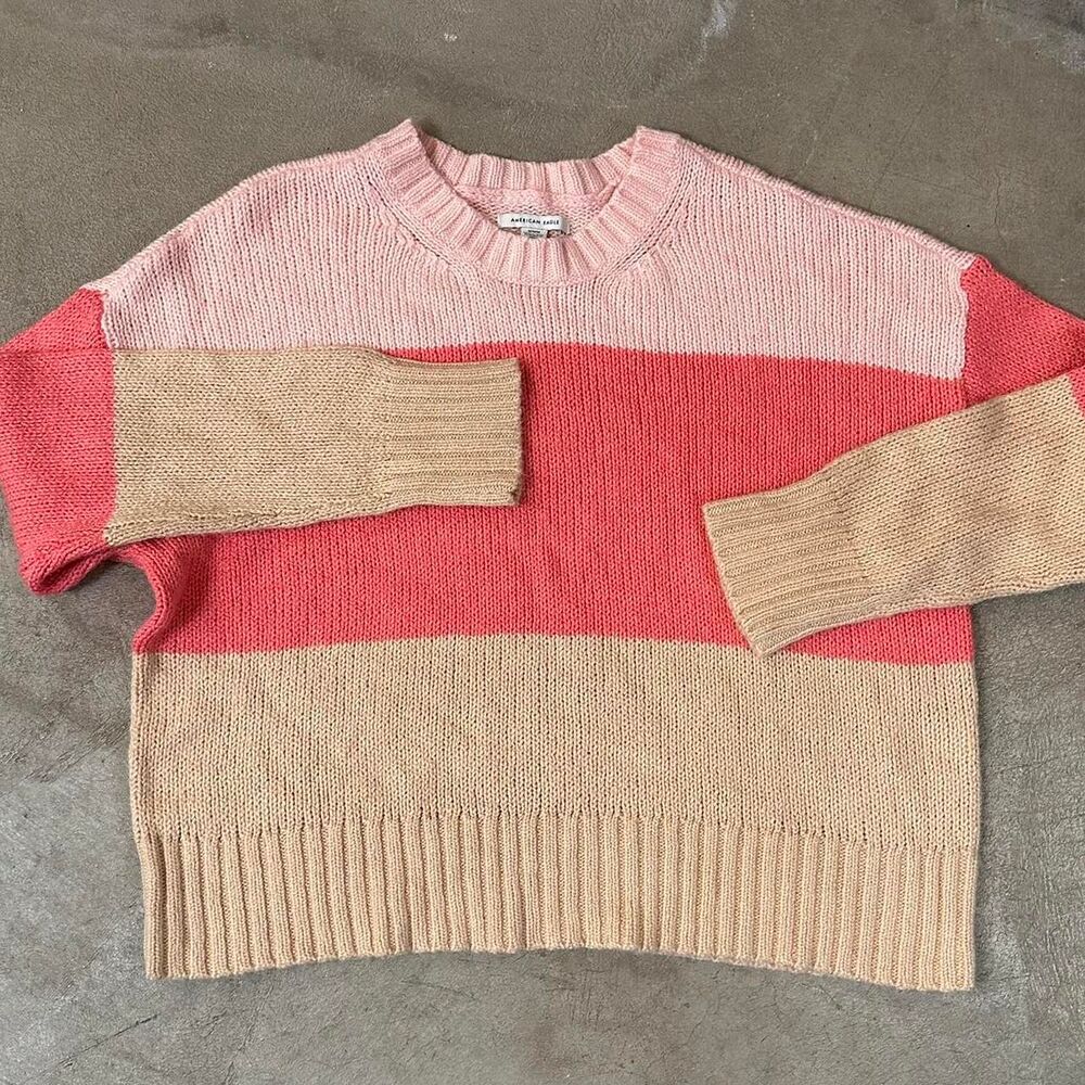 American Eagle Outfitters Women's Pink and Tan Stripe Boxy Sweater Medium